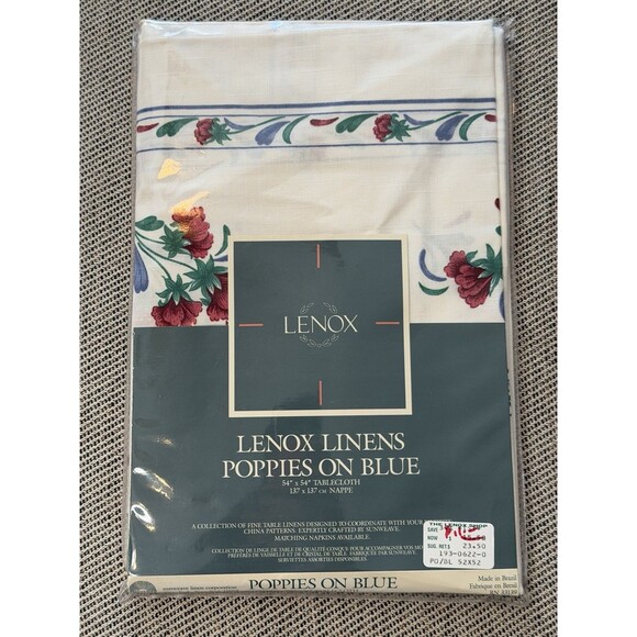 Vintage Lenox POPPIES ON BLUE Tablecloth 54" x 54" Square Fine Table Linen New - Picture 1 of 3